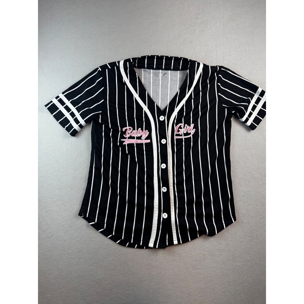 ISS Womens Baseball Jersey Black Pinstripe Baby Girl Pink Embroidery Size S